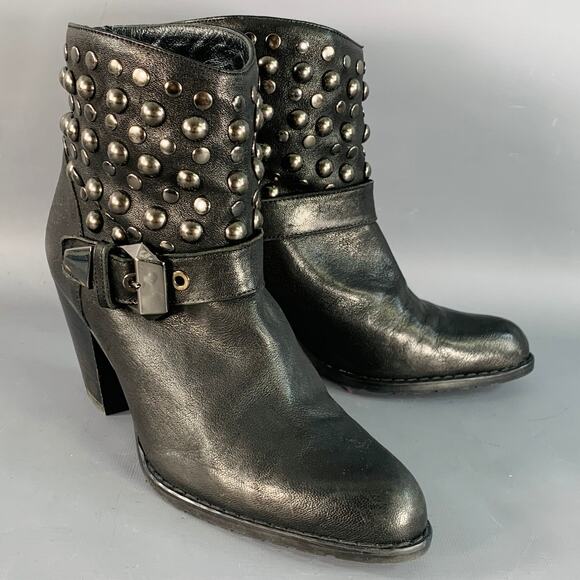 STUART WEITZMAN Size 7 Black Leather Studded Zip Belted Ankle Booties - Picture 1 of 9